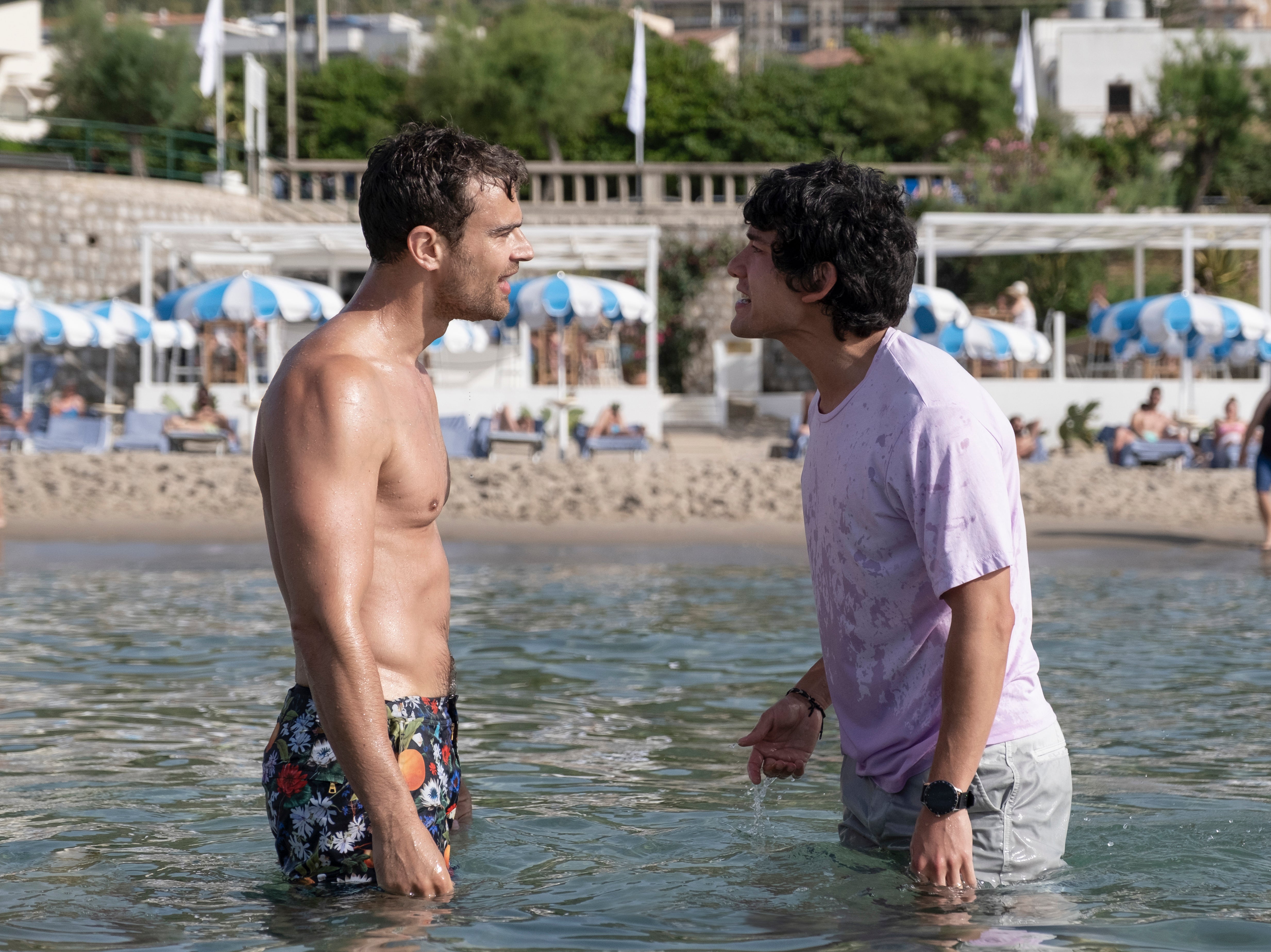 Beach brawl: Theo James and Will Sharpe star as Cameron and Ethan