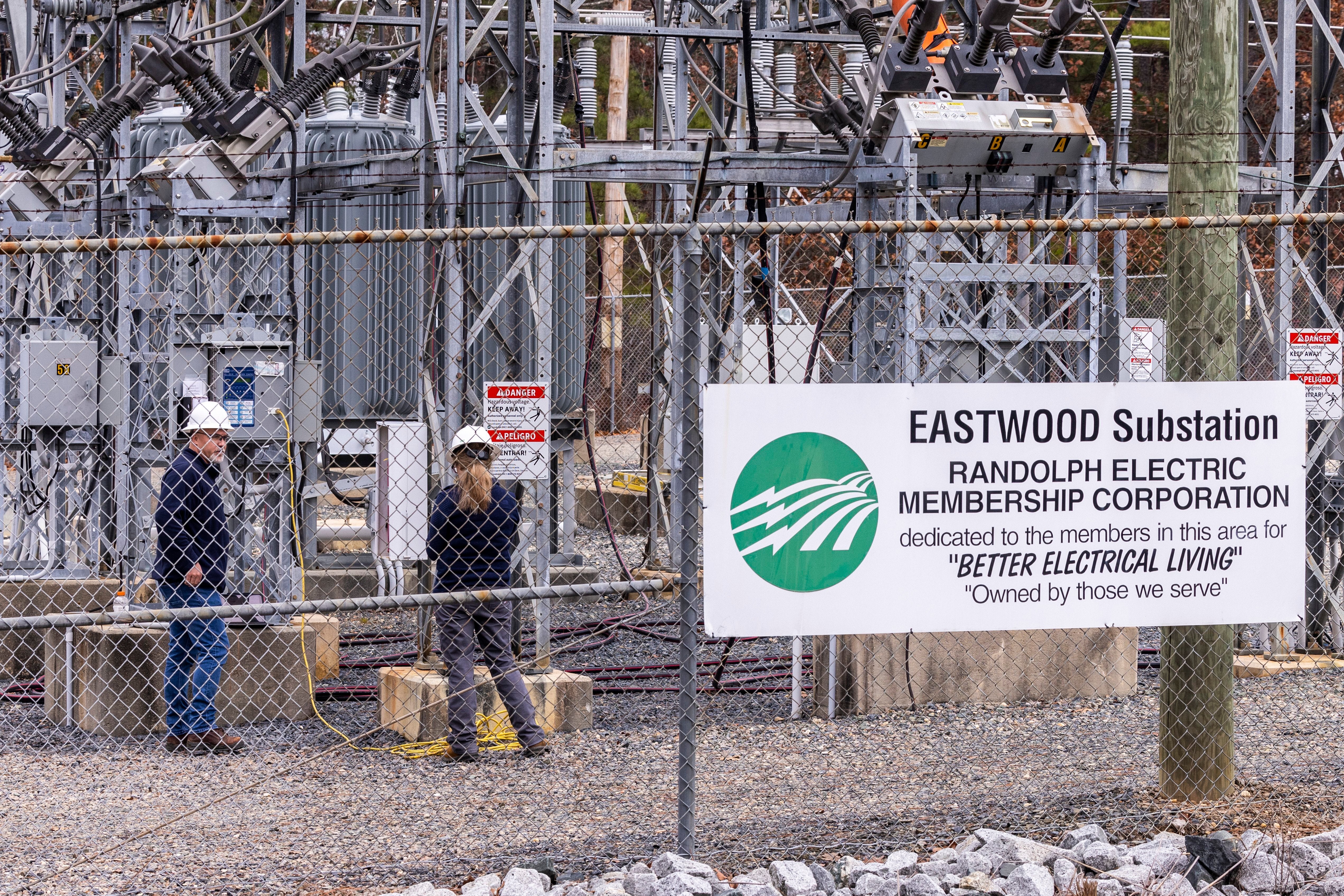 Workers repair the Eastwood Substation in West End, North Carolina, after deliberate attacks on electrical substations in Moore County last Saturday evening.