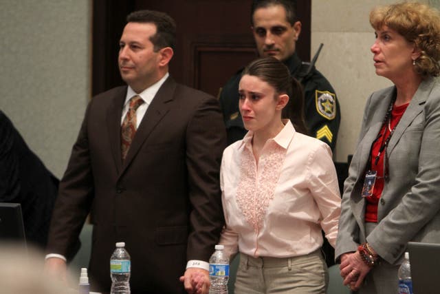 <p>Casey Anthony reacts to being found not guilty on murder charges at the Orange County Courthouse on 5 July 2011 in Orlando, Florida</p>