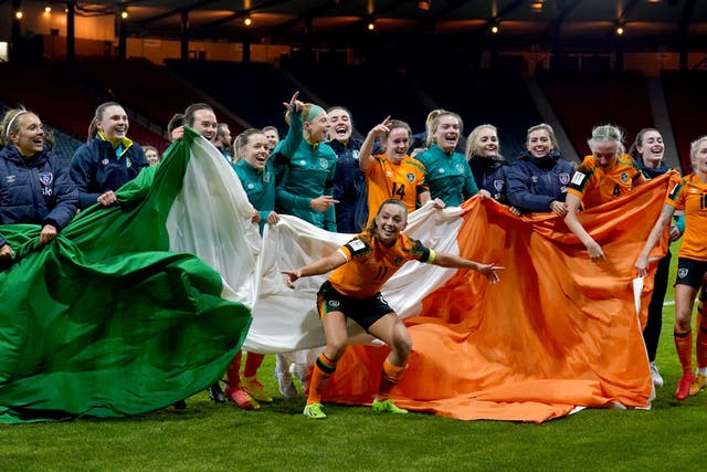 Republic of Ireland players celebrate their World Cup play-off success over Scotland (Andrew Milligan/PA)