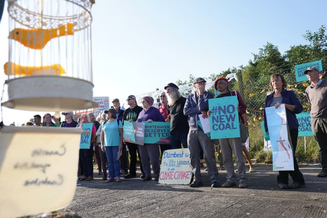 Demonstrators outside the proposed Woodhouse Colliery, south of Whitehaven (Owen Humphreys/PA)