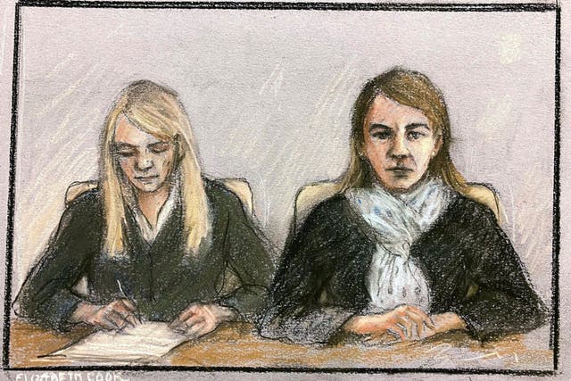 Court artist drawing of US citizen Anne Sacoolas, 45, (right in TV screen) (Elizabteh Cook/PA)