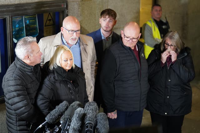 The family of Harry Dunn (left to right) mother Charlotte Charles, stepfather Bruce Charles, family adviser Radd Seiger, father Tim Dunn, stepmother Tracey Dunn, outside the Old Bailey (James Manning/PA)
