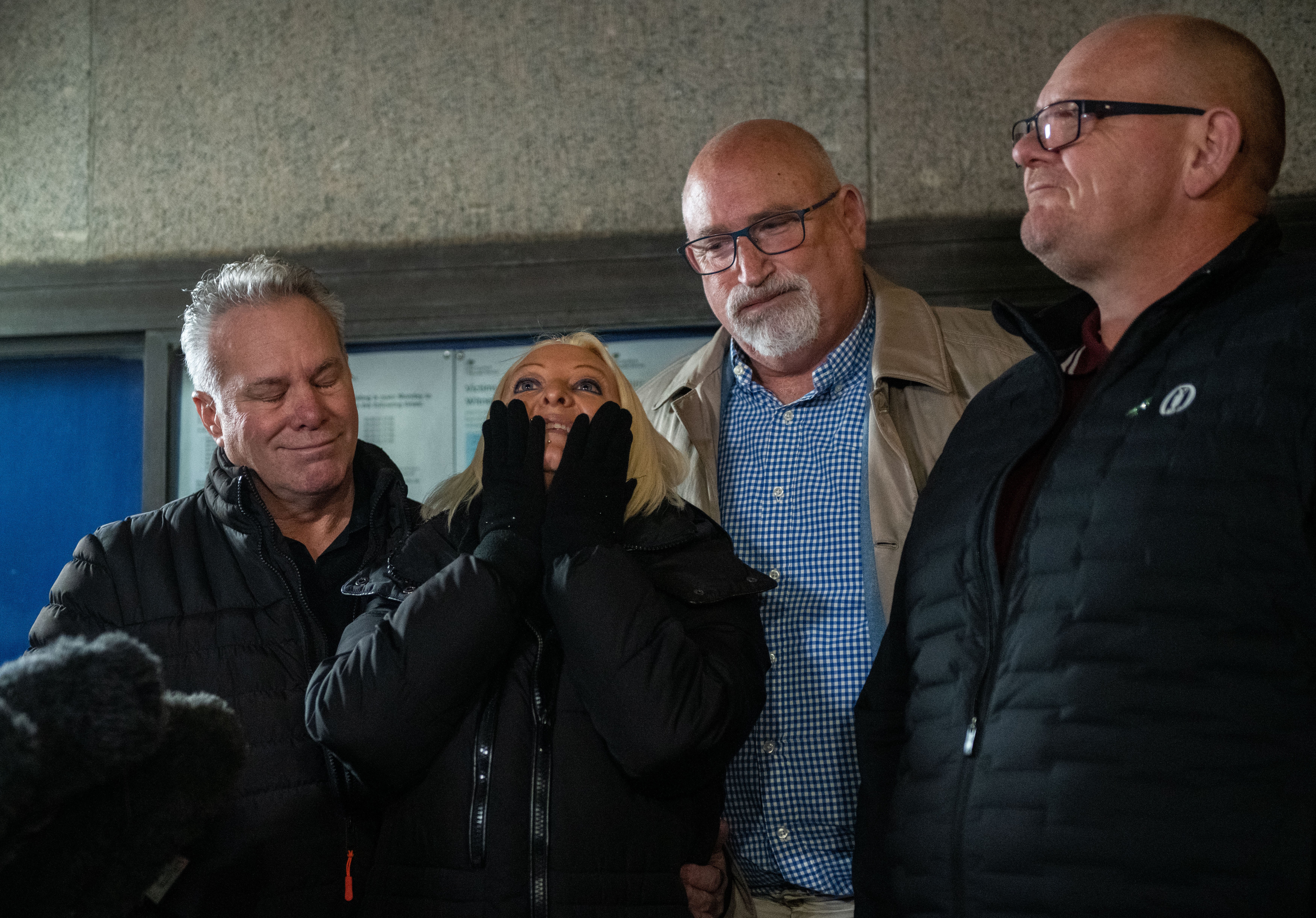 From left: Harry Dunn’s stepfather Bruce Charles, mother Charlotte Charles, family spokesman Radd Seiger and father Tim Dunn speak to media after the sentencing at the Old Bailey