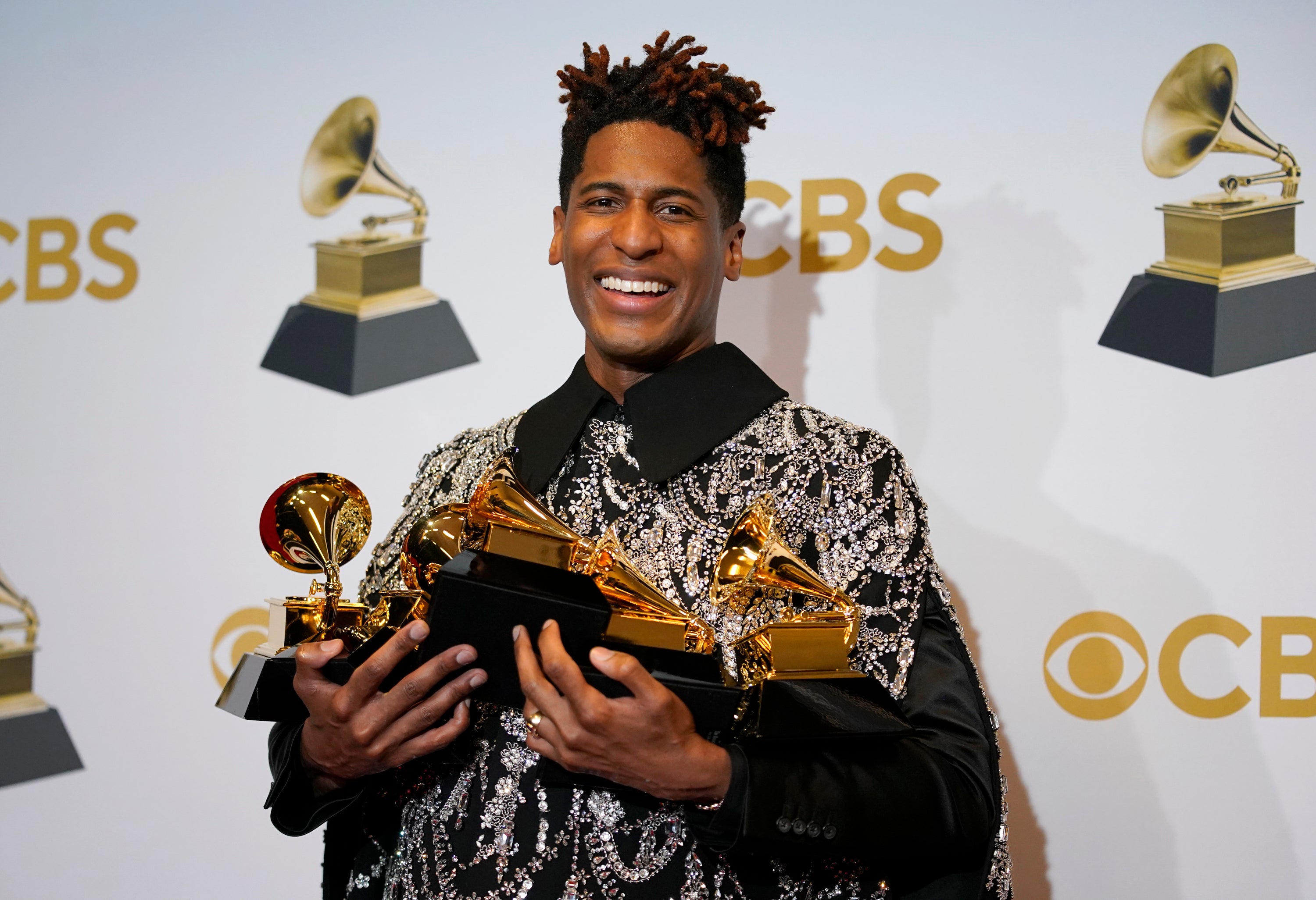 Jon Batiste poses in the press room at the 64th Annual Grammy Awards at the MGM Grand Garden Arena on 3 April 2022 in Las Vegas