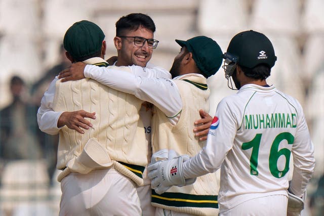 Abrar Ahmed took seven wickets on his first day of Test cricket (Anjum Naveed/AP)