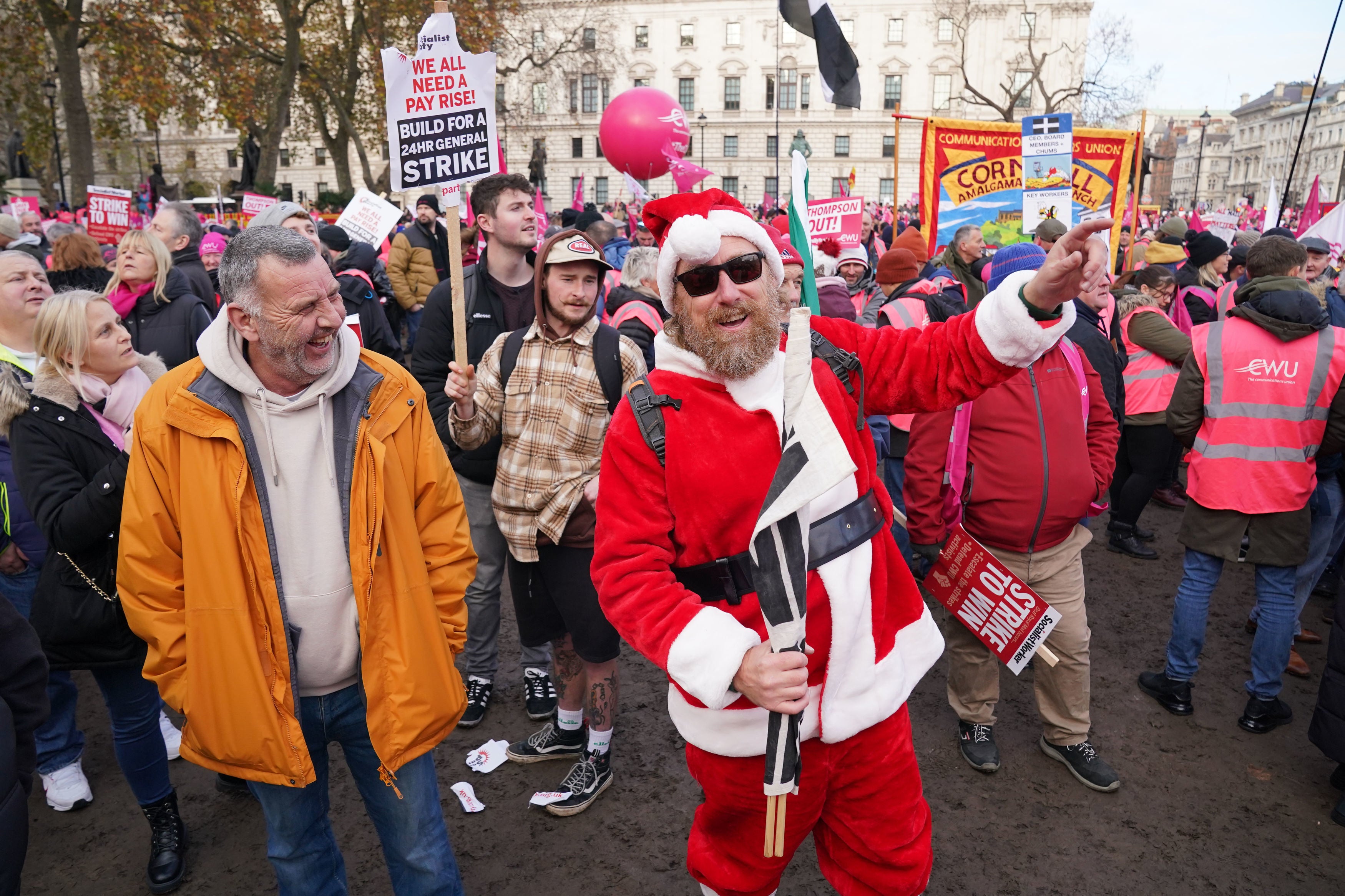 Striking Santa rallies at Royal Mail strike in Parliament Square