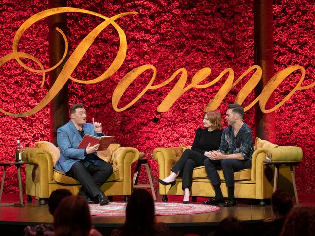 <p>From L-R: Jamie Morton, Alice Levine and James Cooper filming the ‘My Dad Wrote a Porno’ HBO special</p>