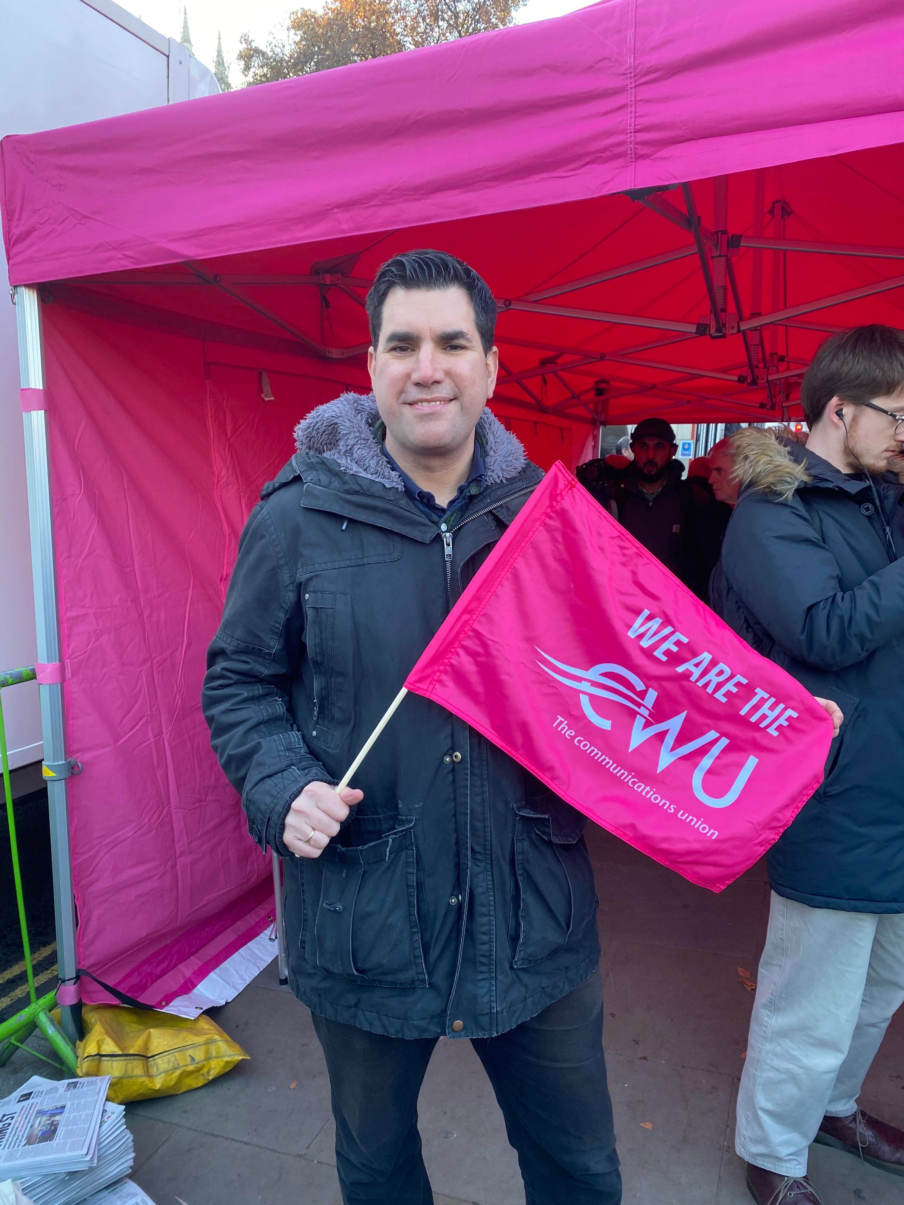 Richard Burgon MP supports striking postal workers at Parliament Square rally.