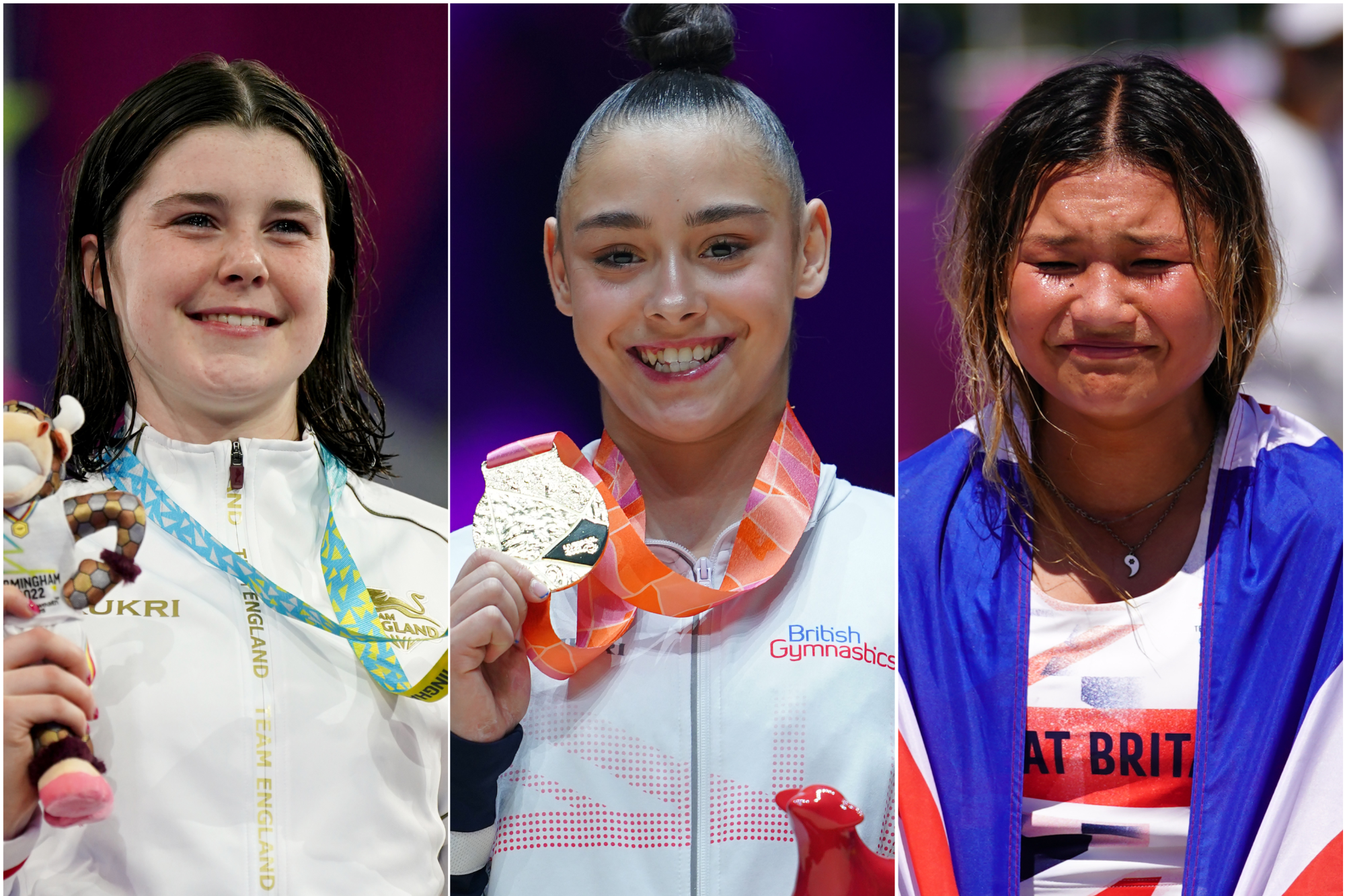 Andrea Spendolini-Sirieix, Jessica Gadirova and Sky Brown, l-r, are on the shortlist for the BBC Young Sports Personality of the Year award (Mike Egerton/Peter Byrne/Adam Davy/PA)