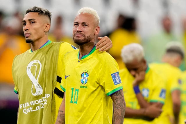 <p>Neymar in tears after their World Cup defeat </p>