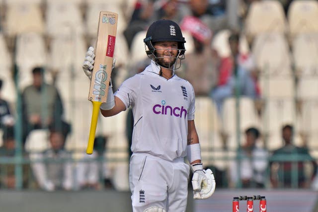 England’s Ben Duckett celebrates after scoring fifty during the second day of the second test cricket match between Pakistan and England, in Multan, Pakistan, Saturday, Dec. 10, 2022. (AP Photo/Anjum Naveed)