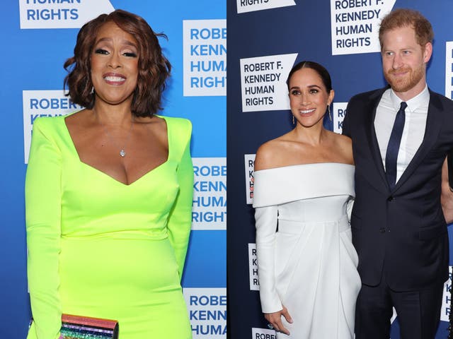 <p>Gayle King (left) defends Prince Harry and Meghan Markle</p>
