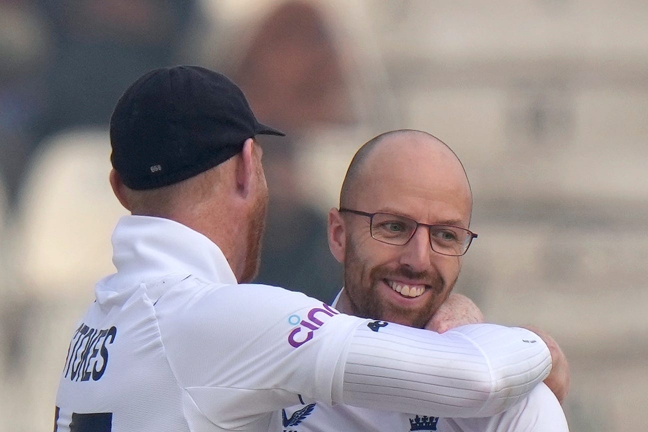 England’s Jack Leach, right, reached a milestone in the second Test in Multan (PA)