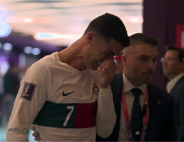 <p>Cristiano Ronaldo is left in tears after Portugal’s defeat to Morocco</p>
