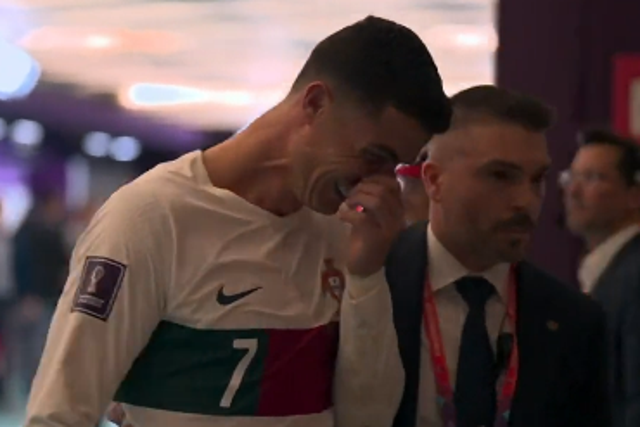 <p>Cristiano Ronaldo is left in tears after Portugal’s defeat to Morocco</p>