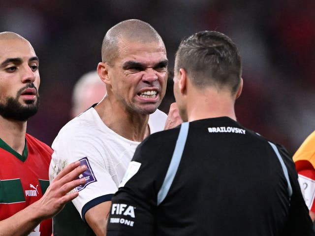 <p>Portugal defender Pepe argues with Argentinian referee Facundo Tello</p>