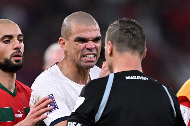 <p>Portugal defender Pepe argues with Argentinian referee Facundo Tello</p>