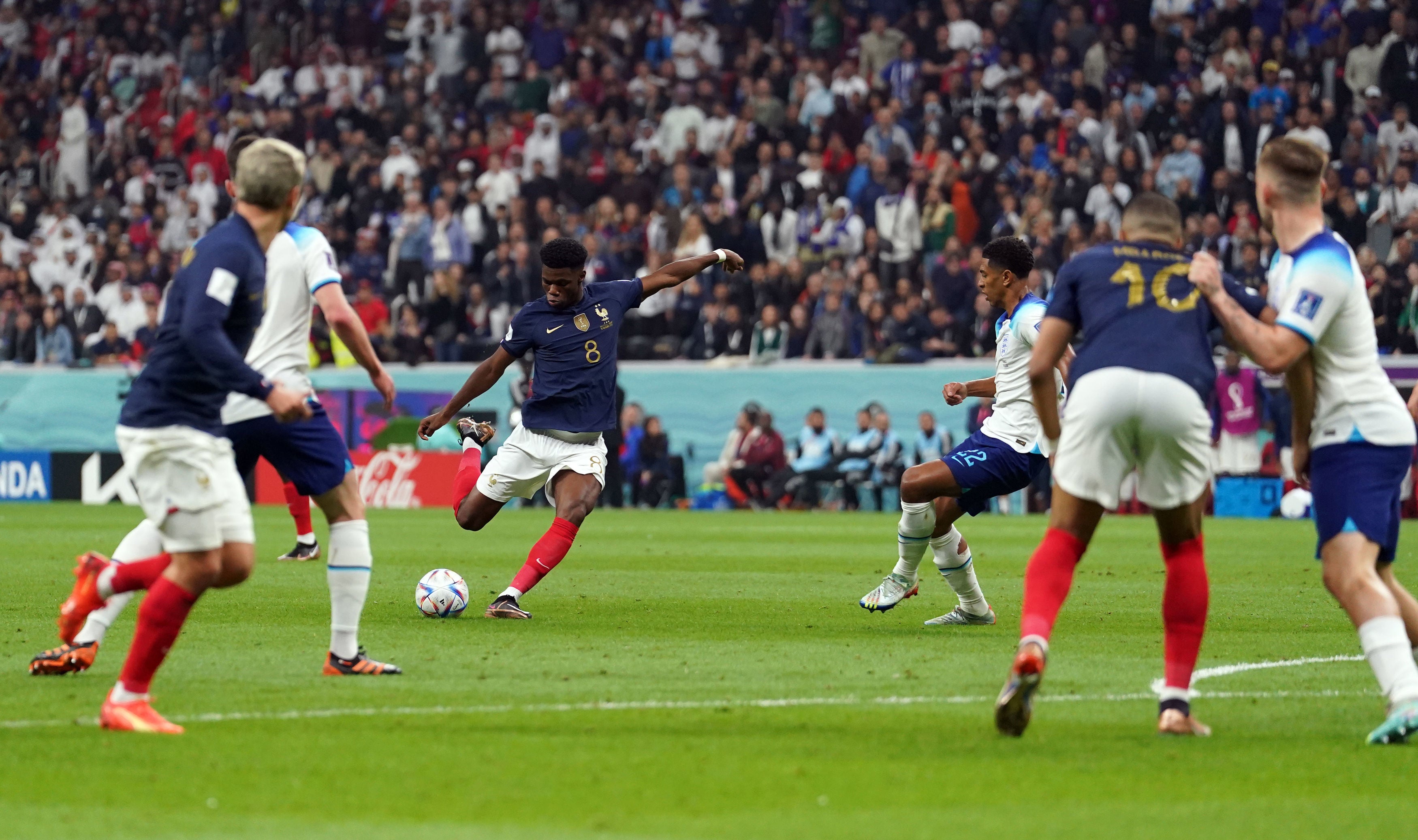 France's Aurelien Tchouameni scores the opening goal during the FIFA World Cup Quarter-Final match at the Al Bayt Stadium