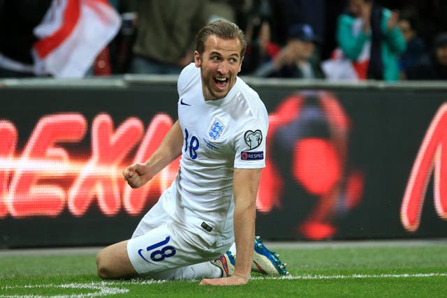 Harry Kane celebrates his first goal for England (Nick Potts/PA)