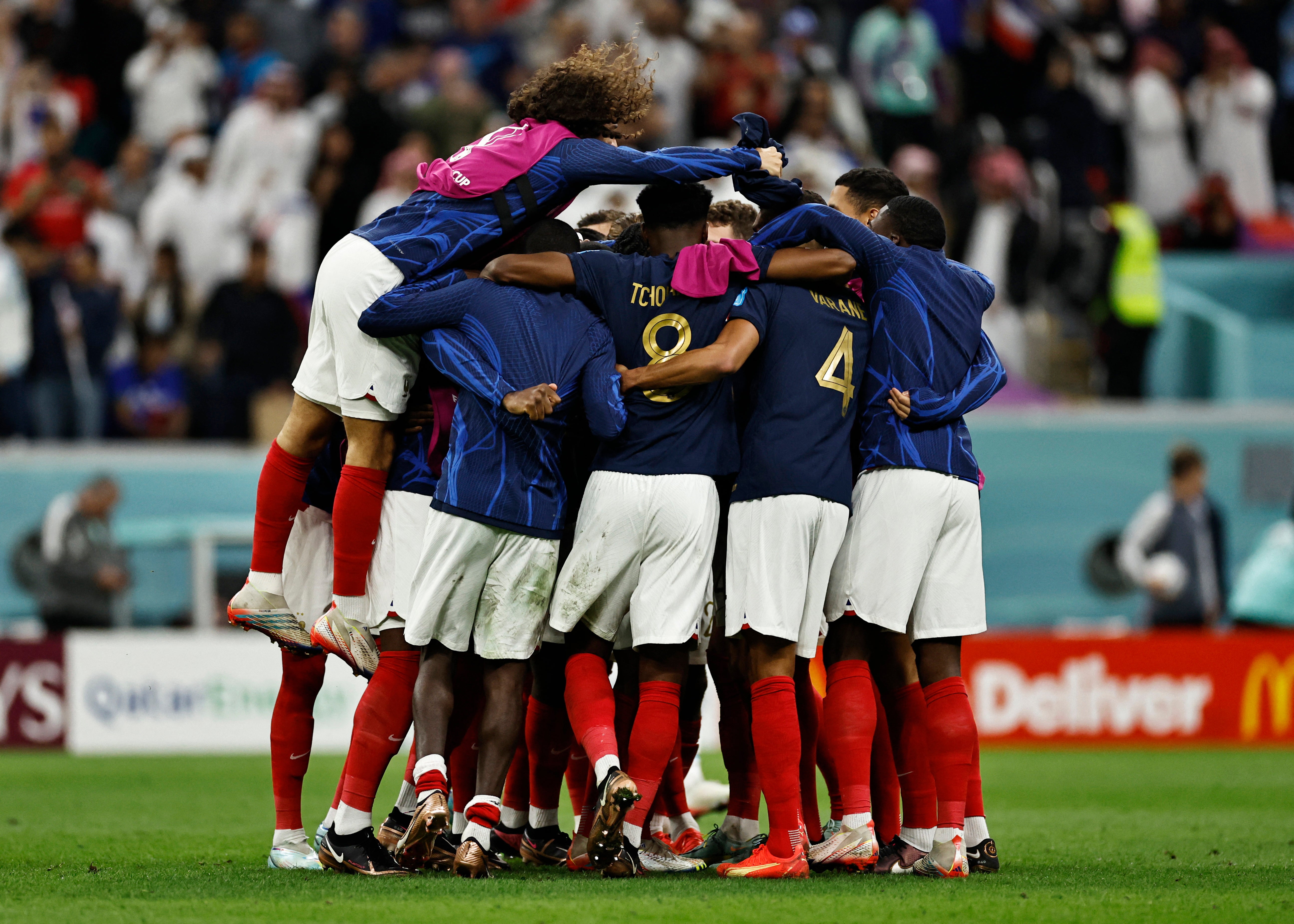 France players celebrate after the match as France progress to the semi finals