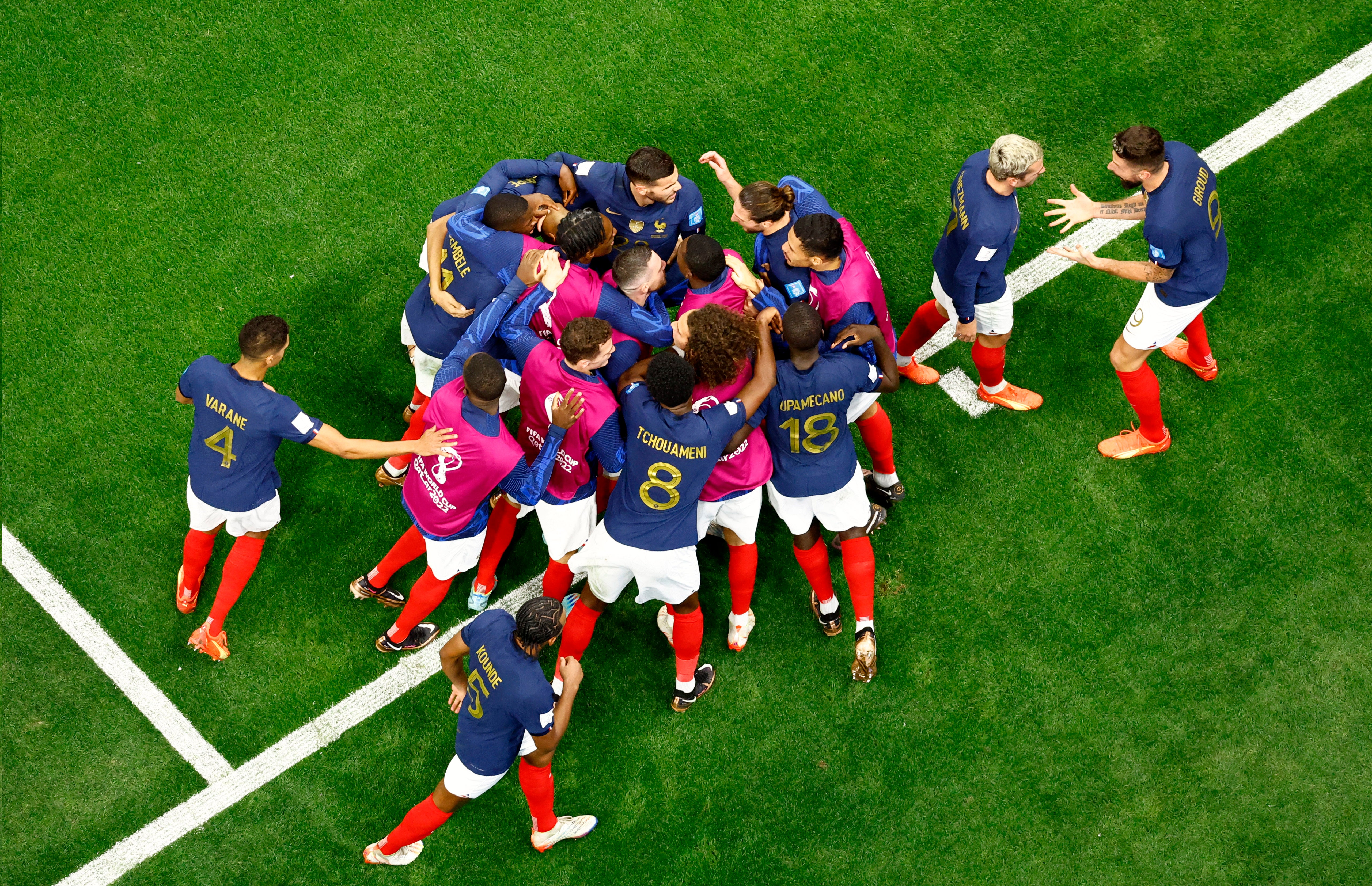 France's Olivier Giroud celebrates scoring their second goal with teammates
