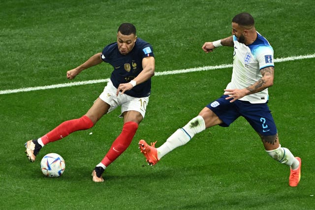 <p>Kylian Mbappe advances to the semi-finals with France but failed to consistently get the better of Kyle Walker </p>