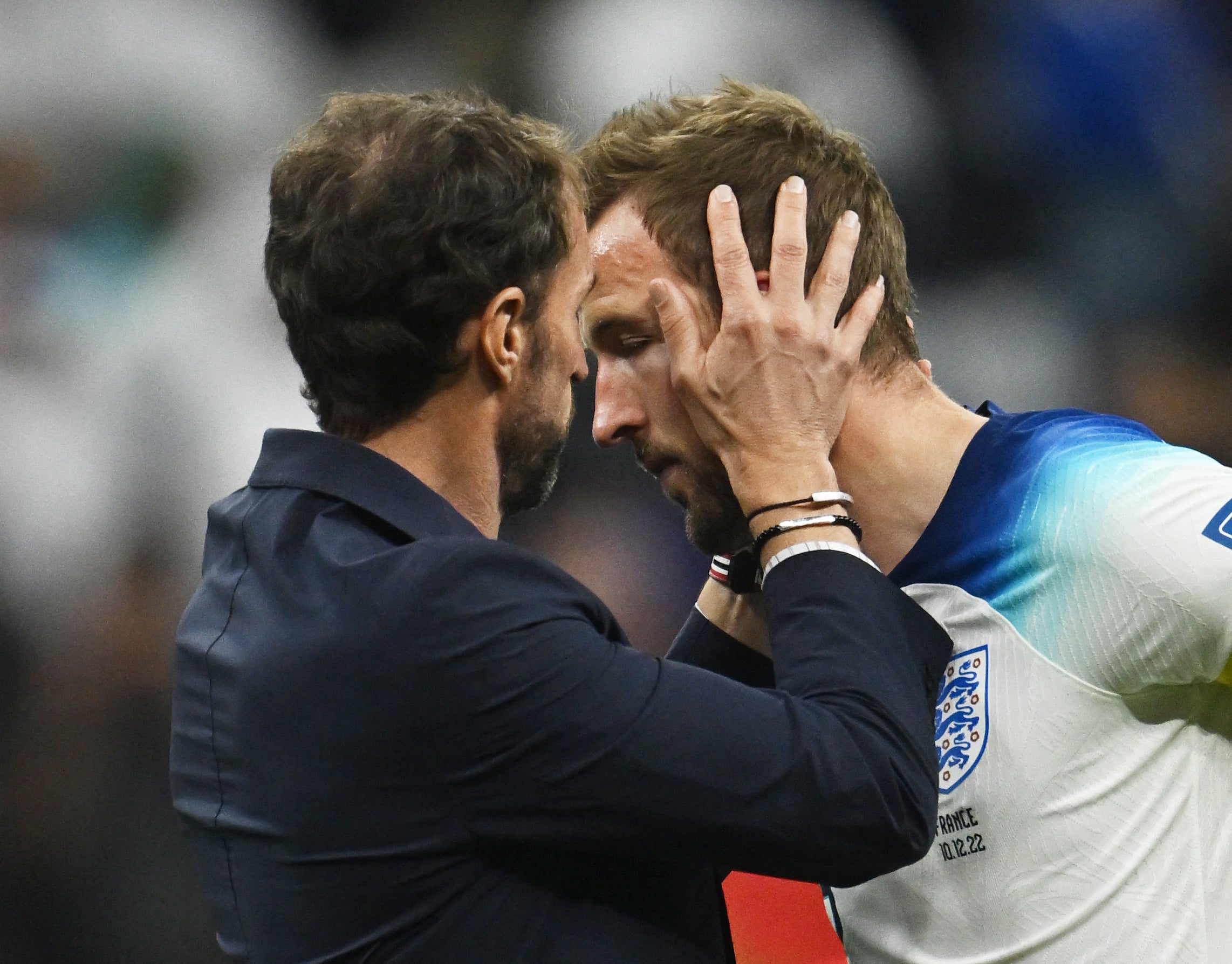 Harry Kane and manager Gareth Southgate look dejected after the match as England are eliminated from the World Cup