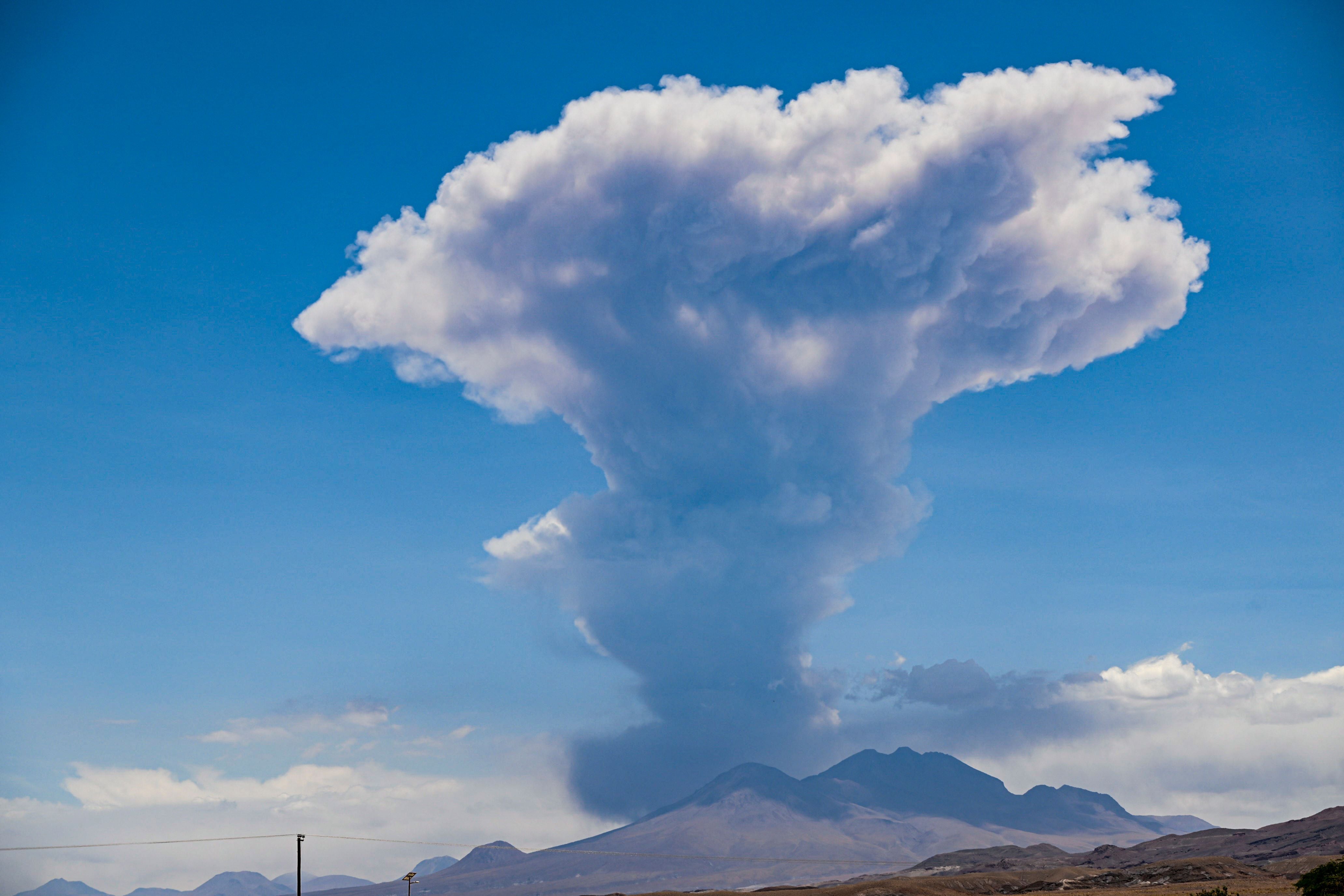 View of the Lascar volcano during an eruptive pulse in Peine, Antofagasta region