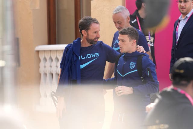 <p>Gareth Southgate leaves England’s team hotel with Kieran Trippier</p>