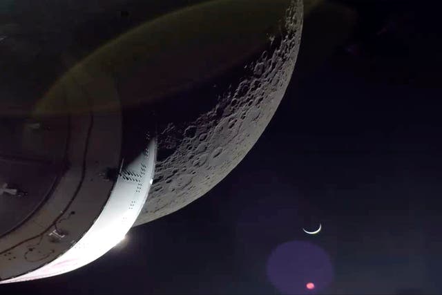 <p>A photo of the moon taken from the Orion space capsule  </p>