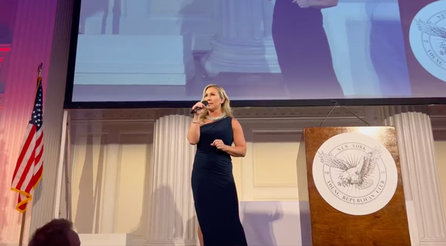<p>Marjorie Taylor Greene addresses the New York Young Republicans Club annual gala on 10 December in Manhattan.</p>