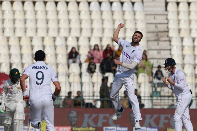 <p>Mark Wood celebrates after taking the wicket of Zahid Mahmood in Multan </p>