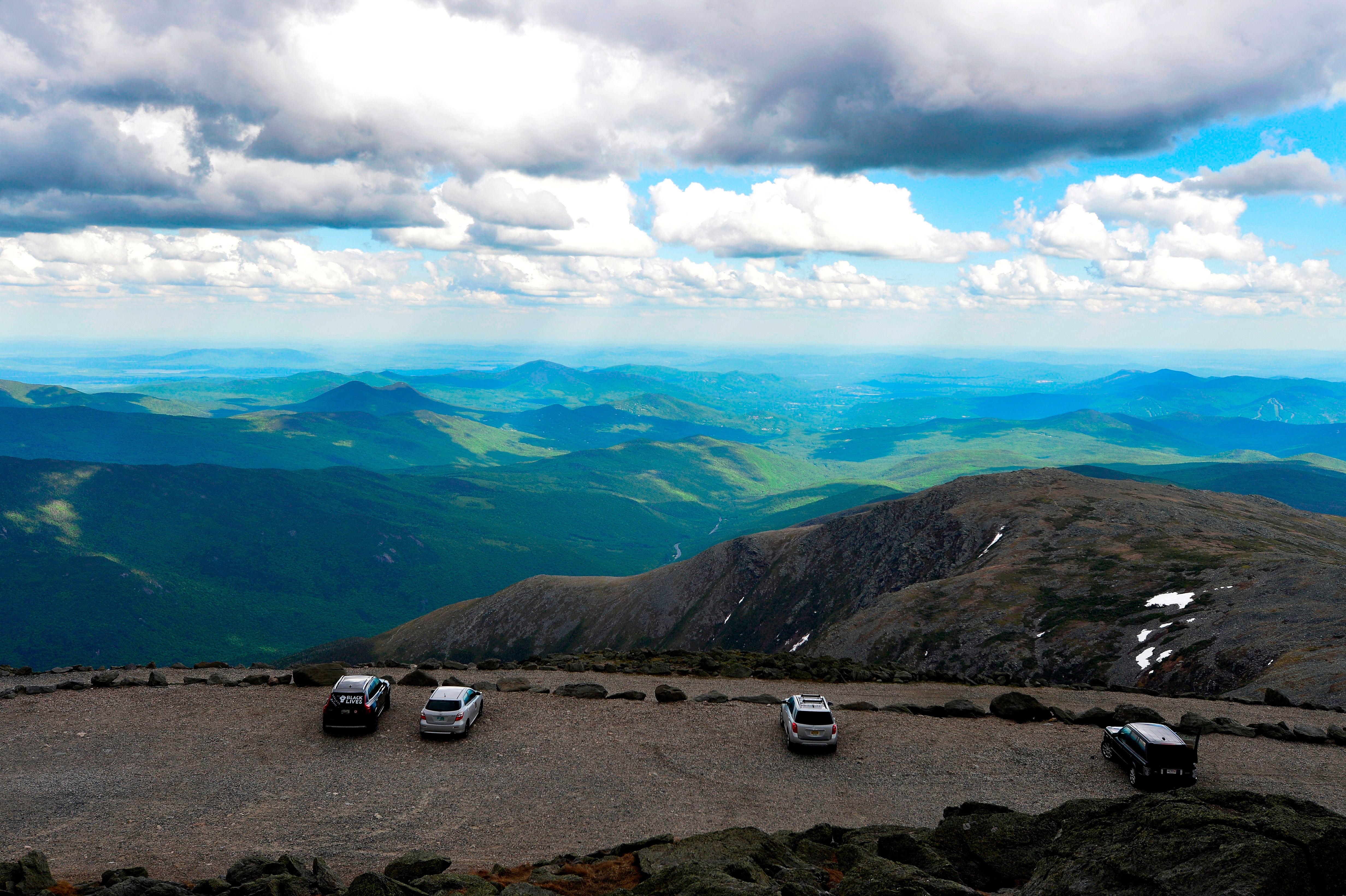 A view from the auto road on Mount Washington, standing at an elevation of 6,288.2 ft, looking out to the surrounding White Mountains, in the Presidential Range of the White Mountains in New Hampshire on 12 June 2020