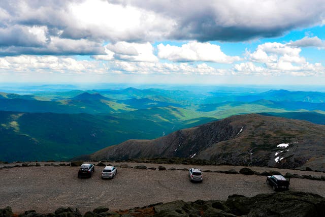 <p>A view from the auto road on Mount Washington, standing at an elevation of 6,288.2 ft, looking out to the surrounding White Mountains, in the Presidential Range of the White Mountains in New Hampshire on 12 June 2020</p>