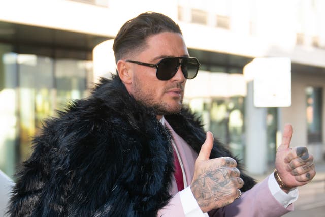 Reality TV star Stephen Bear arrives at Chelmsford Crown Court, Essex, on the first day of his trial. (Joe Giddens/ PA)