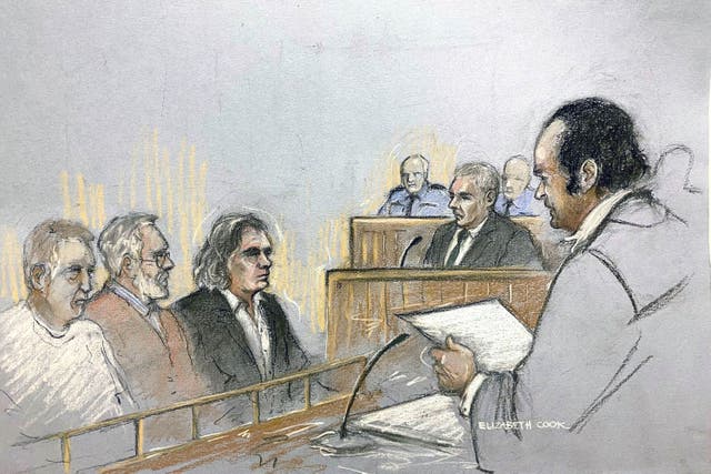 Court artist sketch of Jonathan Dowdall giving evidence in the trial at the Special Criminal Court, Dublin, of Gerry ‘The Monk’ Hutch (third left) (Elizabeth Cook/PA)
