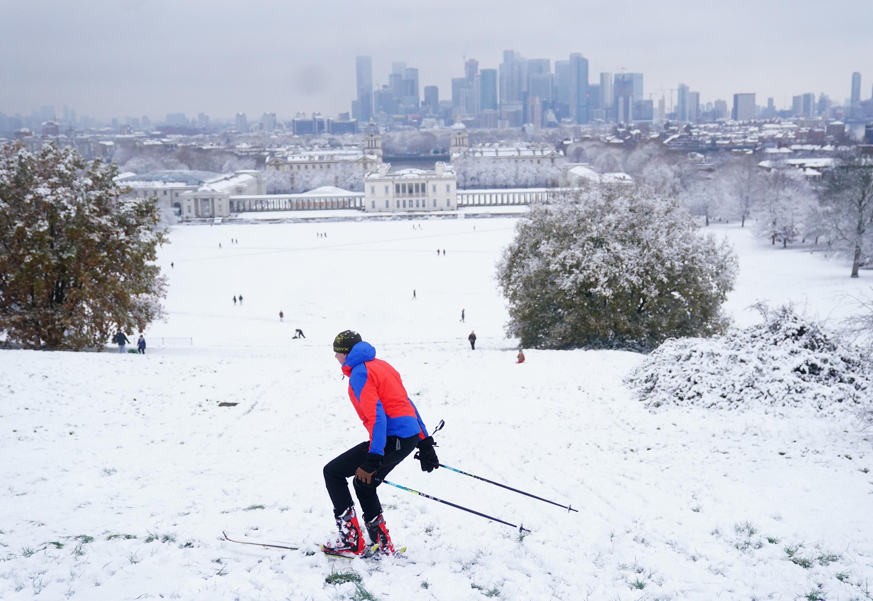 Snow has covered parks in London