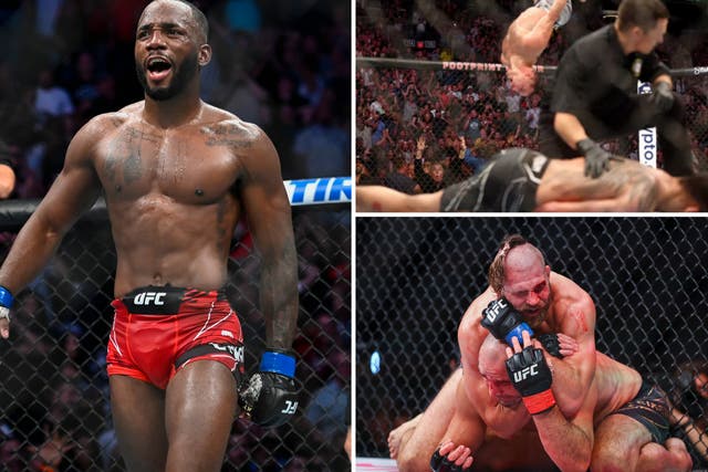 <p>Clockwise from top right: Michael Chandler celebrates, Jiri Prochazka submits Glover Teixeira, and Leon Edwards reacts to his title victory</p>