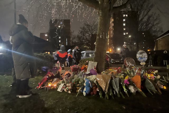<p>A woman in Kingshurst, near Birmingham, looks at tributes left at the base of a tree for three boys who died after falling through ice into a lake</p>