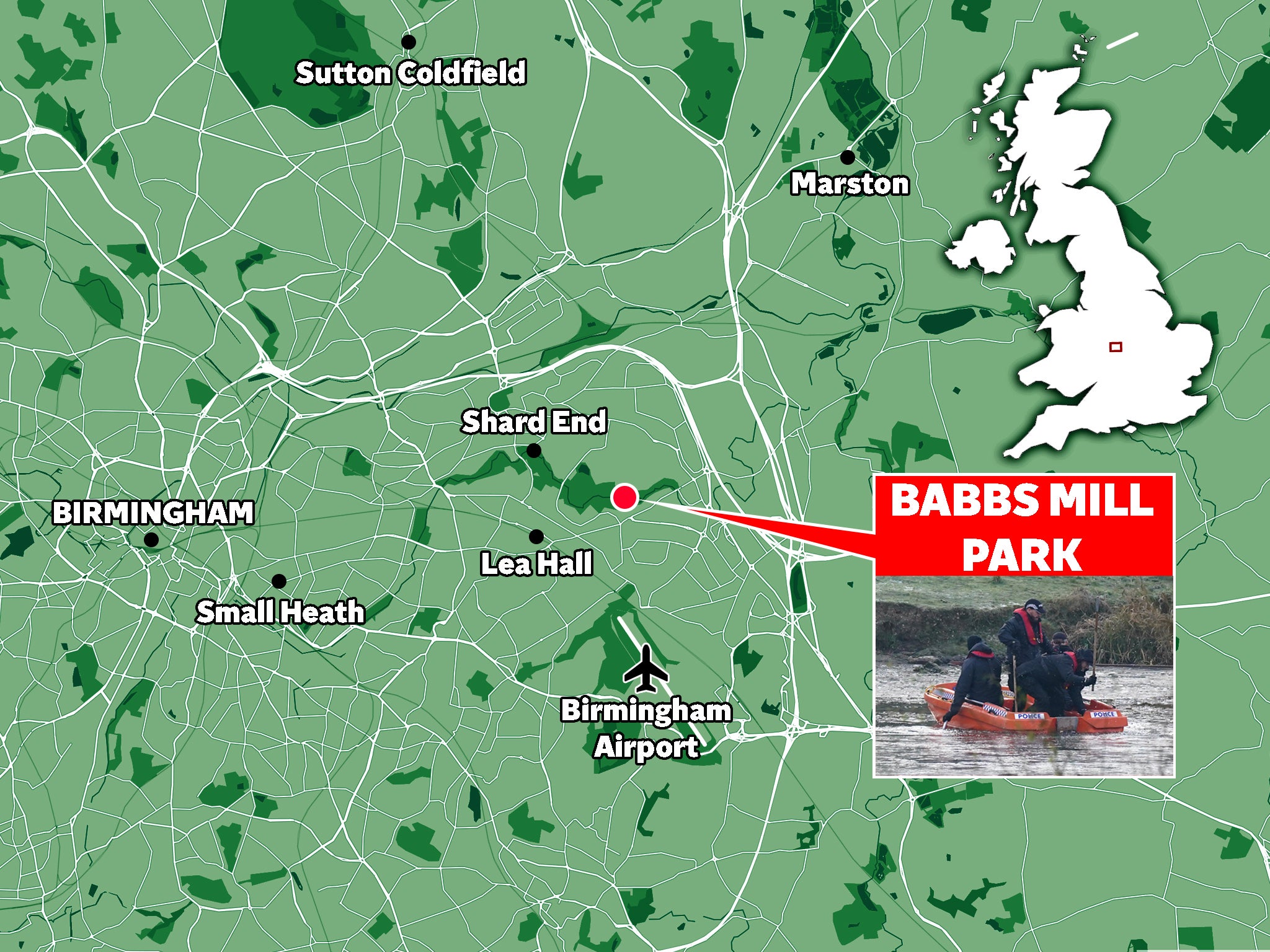 A map showing Babbs Mill Lake in Solihul