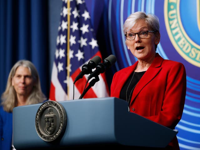 <p>U.S. Energy Secretary Jennifer Granholm (R) is joined by National Nuclear Security Administration head Jill Hruby and other officials for a news conference at the Department of Energy</p>