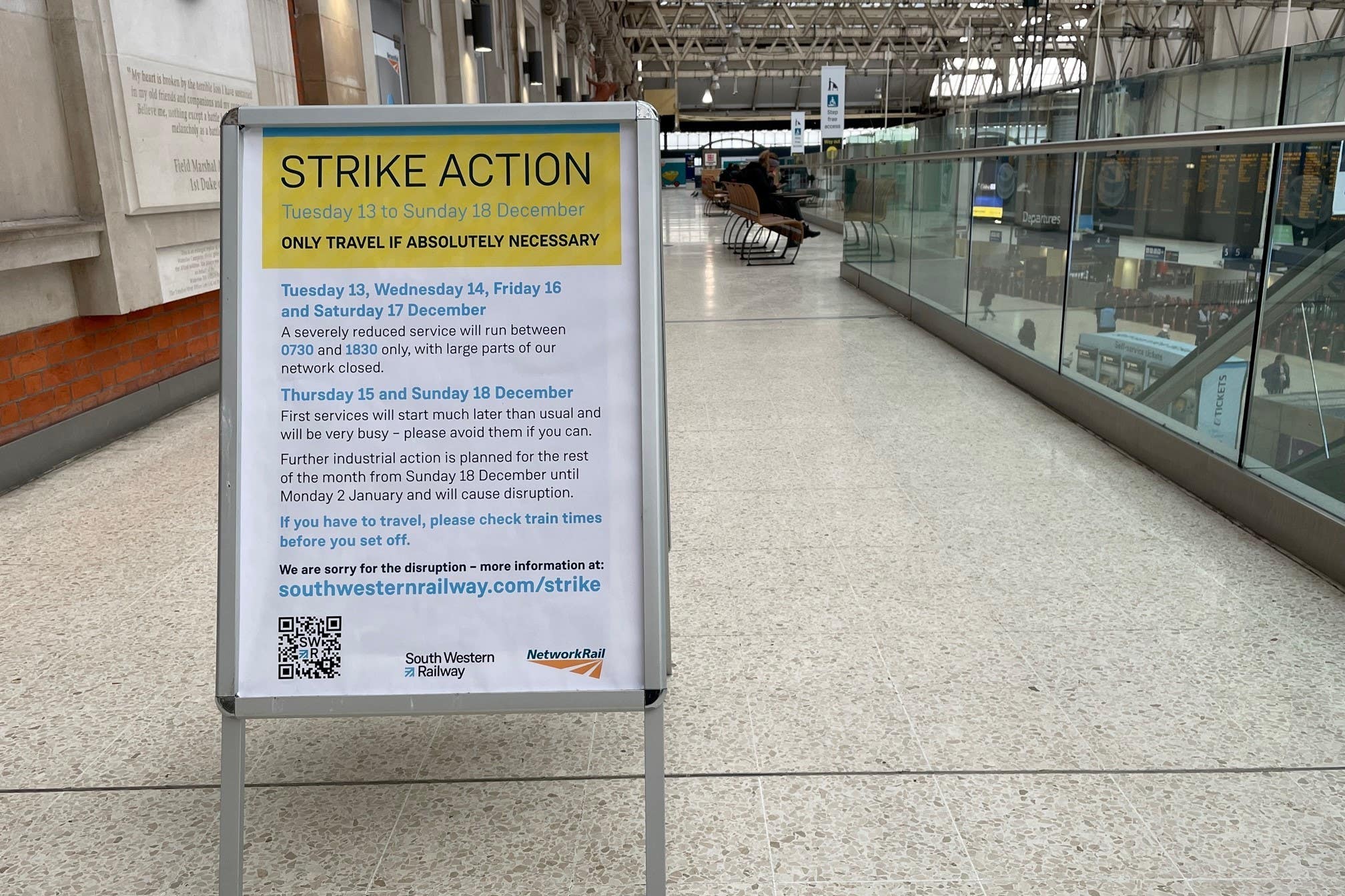 Signage at Waterloo station in London during a strike by members of the Rail, Maritime and Transport union in a long-running dispute over jobs and pensions (Jonathan Brady/PA)