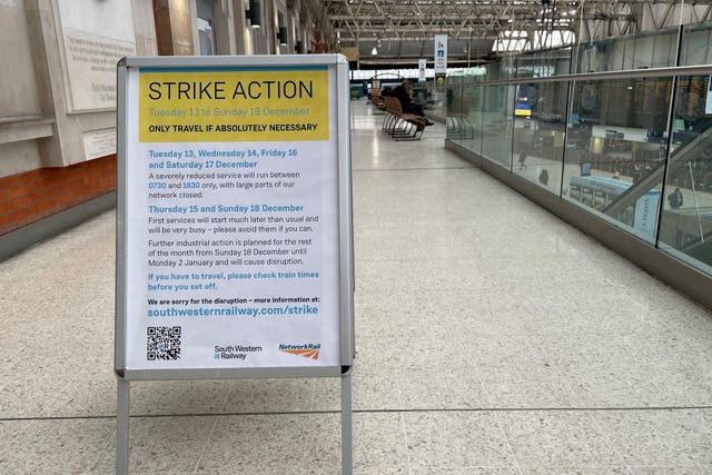 Signage at Waterloo station in London during a strike by members of the Rail, Maritime and Transport union in a long-running dispute over jobs and pensions (Jonathan Brady/PA)