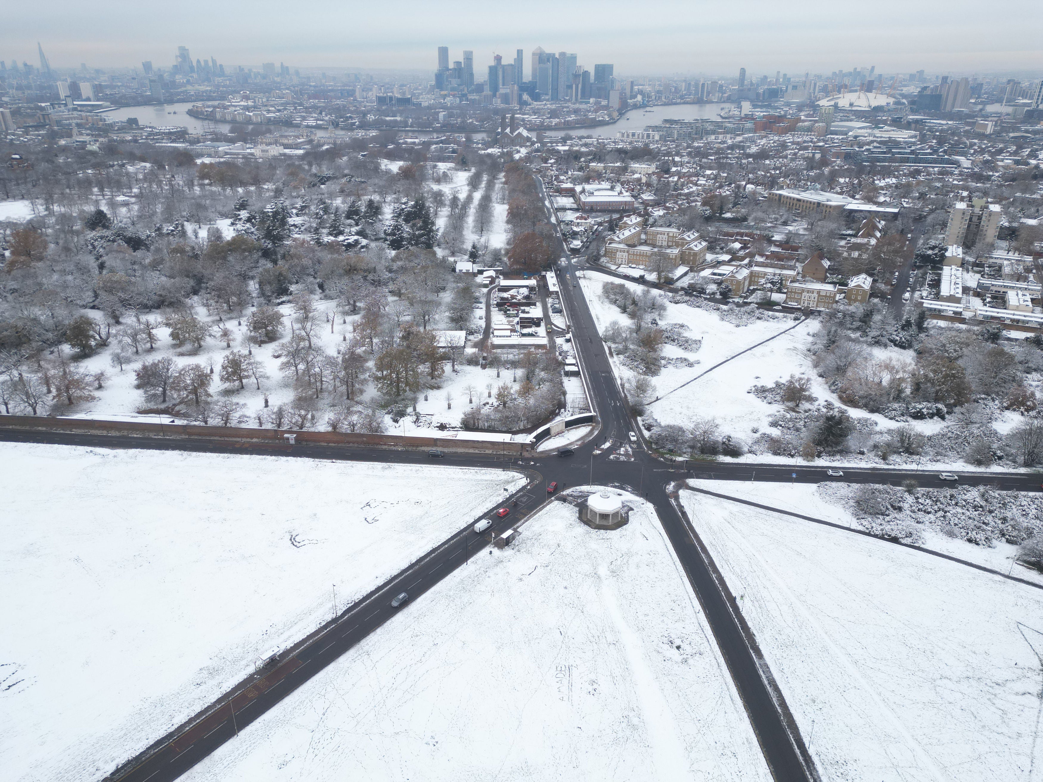 Blackheath Common in Greenwich covered in snow