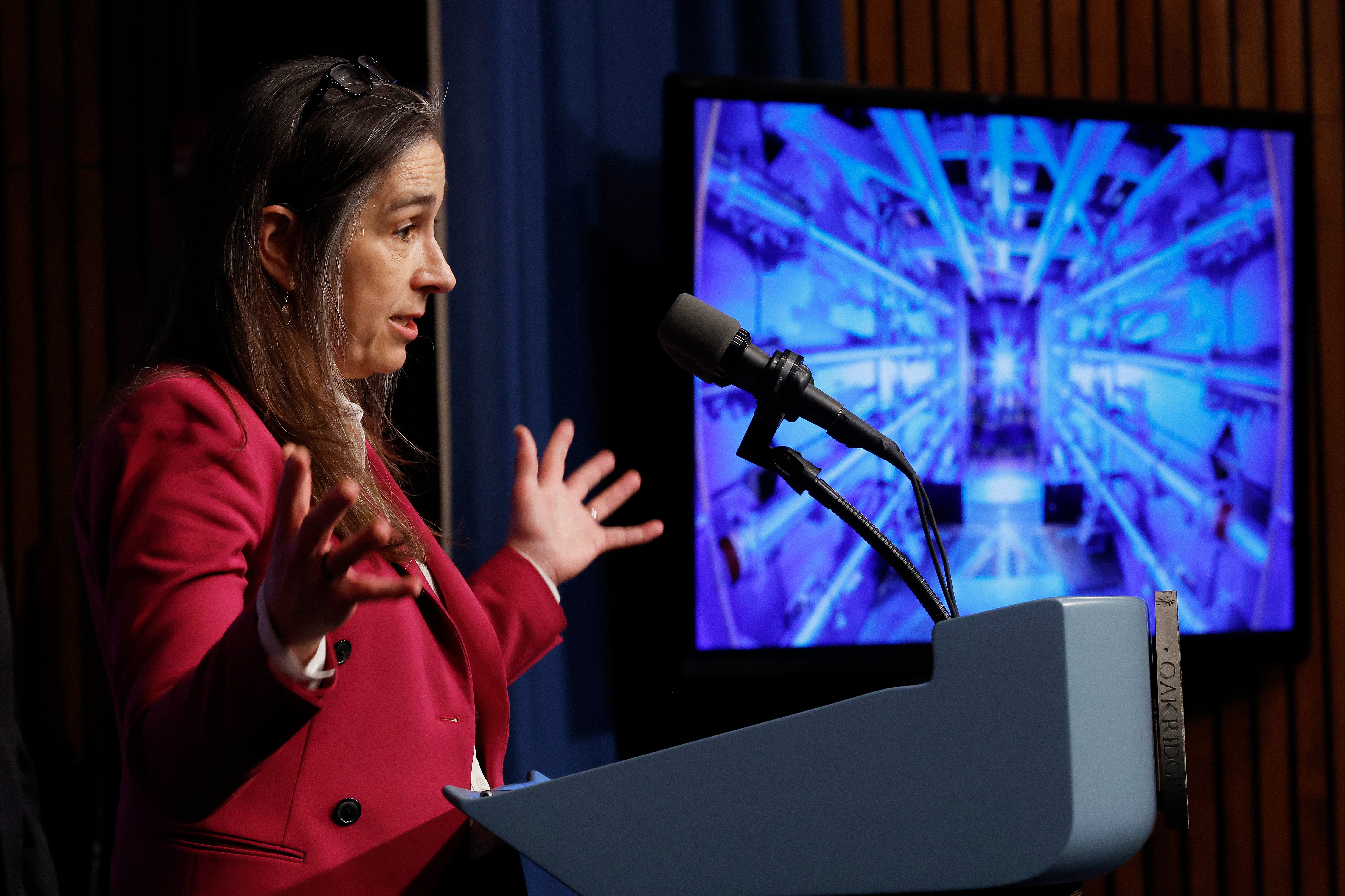 Lawrence Livermore National Laboratories Director Dr. Kim Budil speaks during a news conference with fellow administrators and scientists at the Department of Energy