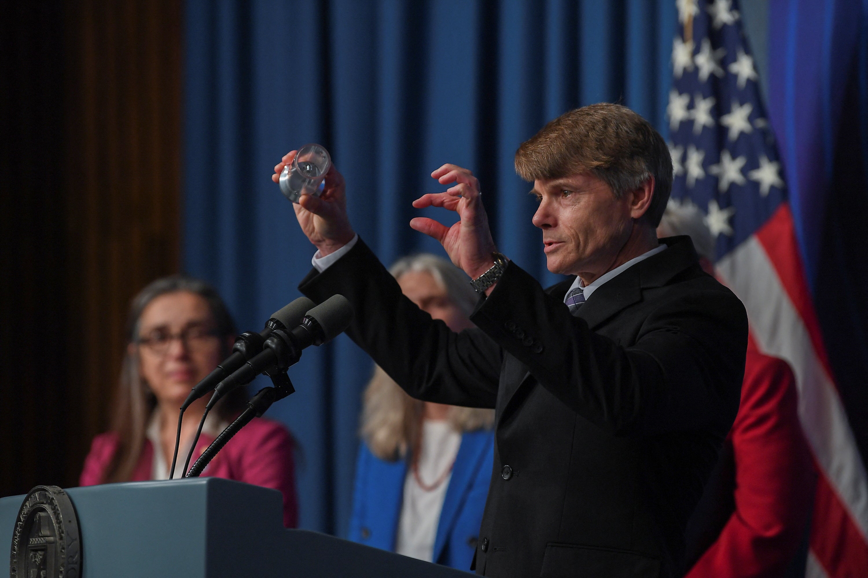 Dr. Marvin Adams, Deputy Administrator for Defense Programs of the Department of Energy's National Nuclear Security Administration holds up a visual aid