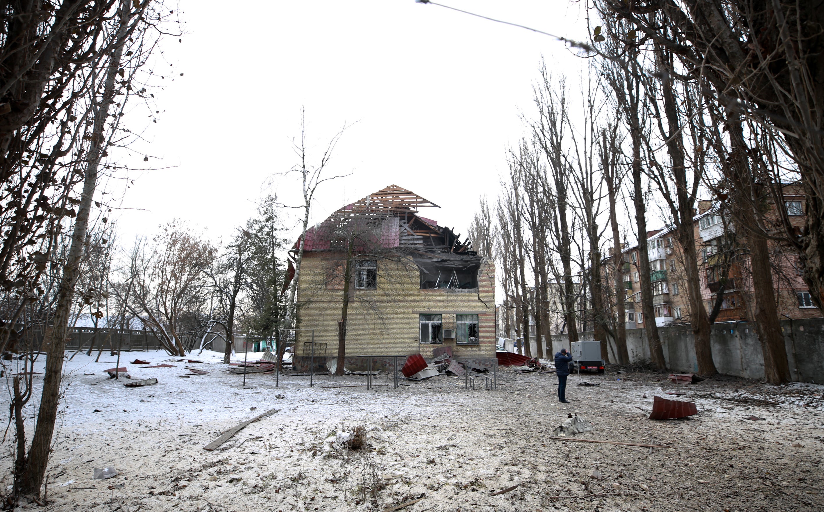 A house is damaged after Russian forces' drone attack hit a house in Kyiv