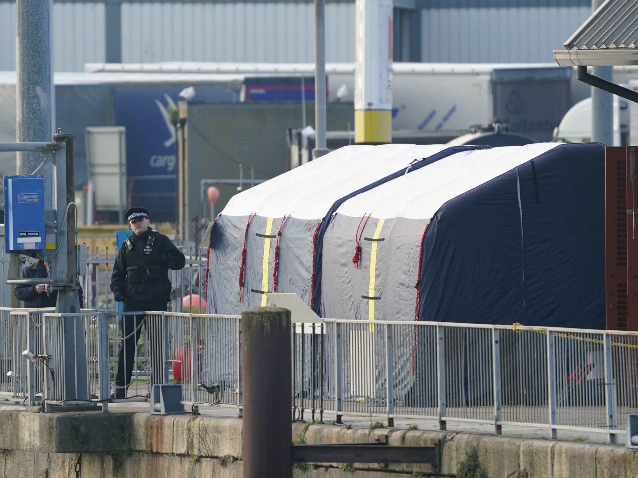 Forensic tents erected at the RNLI station at the Port of Dover
