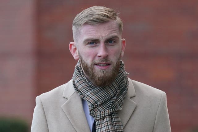 A Nottingham Forest fan alleged to have been stamped on by Sheffield United player Oli McBurnie has claimed he was singled out and attacked after telling the star: ‘You’re shit at football, I’m better than you.’ (Jacob King/PA)